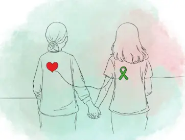 Ilustración de dos personas de la mano con un corazón y el lazo contra el cáncer